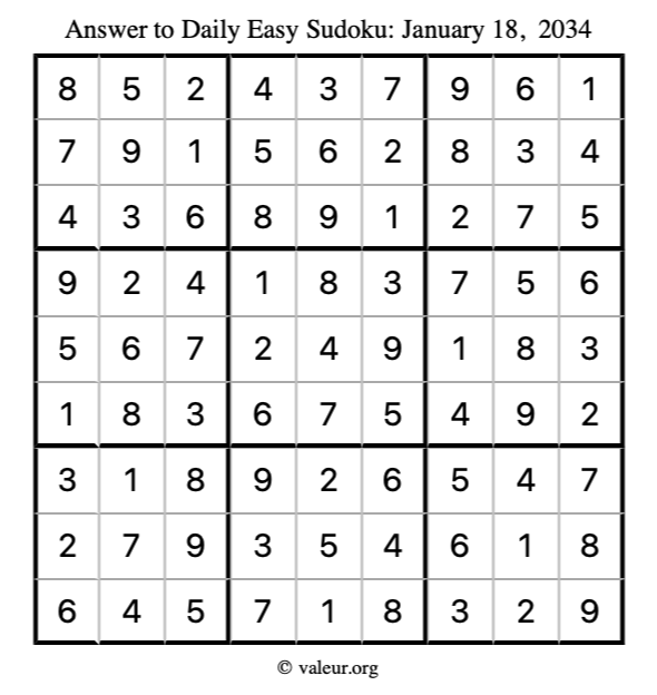 Answer to easy sudoku January 18, 2034