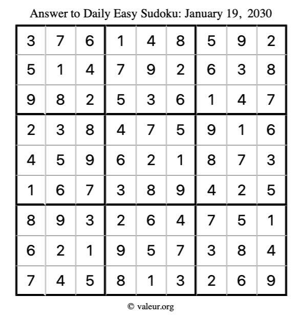 Answer to easy sudoku January 19, 2030