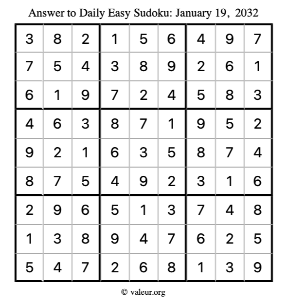 Answer to easy sudoku January 19, 2032