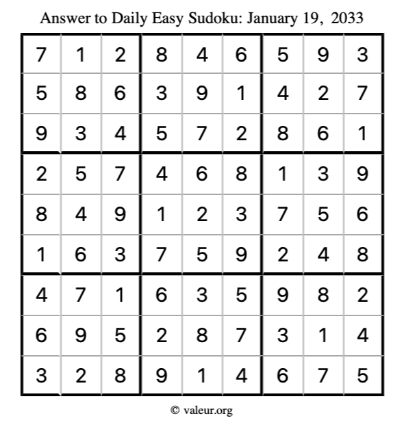 Answer to easy sudoku January 19, 2033