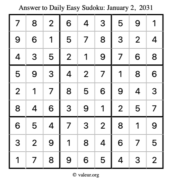 Answer to easy sudoku January 2, 2031