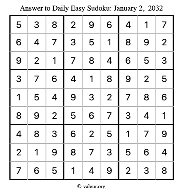 Answer to easy sudoku January 2, 2032