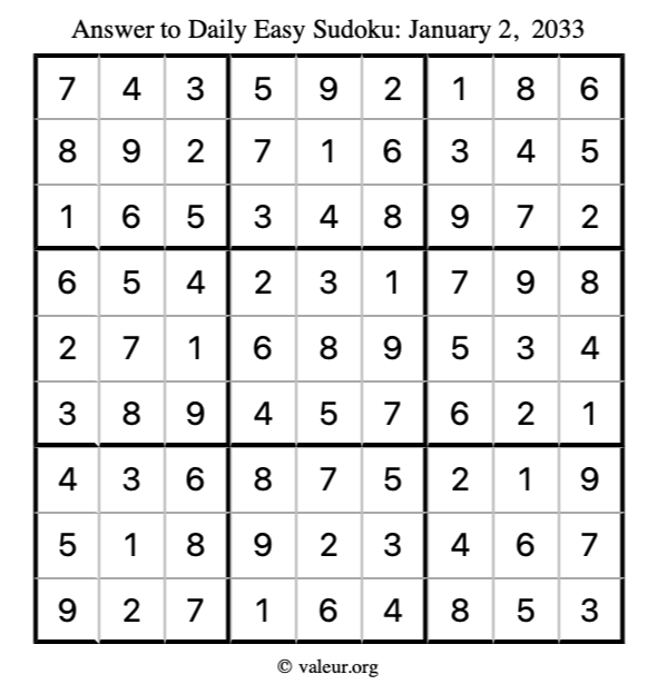 Answer to easy sudoku January 2, 2033
