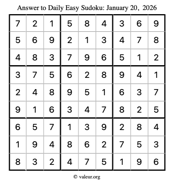 Answer to easy sudoku January 20, 2026