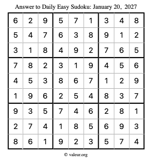 Answer to easy sudoku January 20, 2027