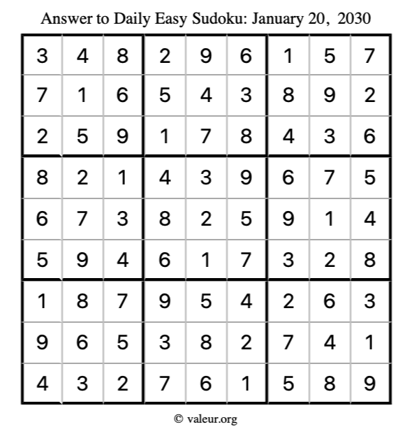 Answer to easy sudoku January 20, 2030