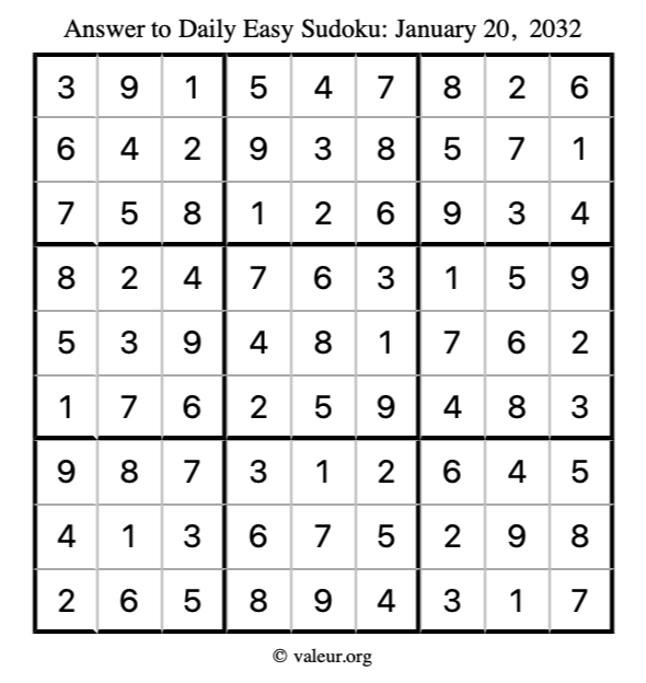 Answer to easy sudoku January 20, 2032