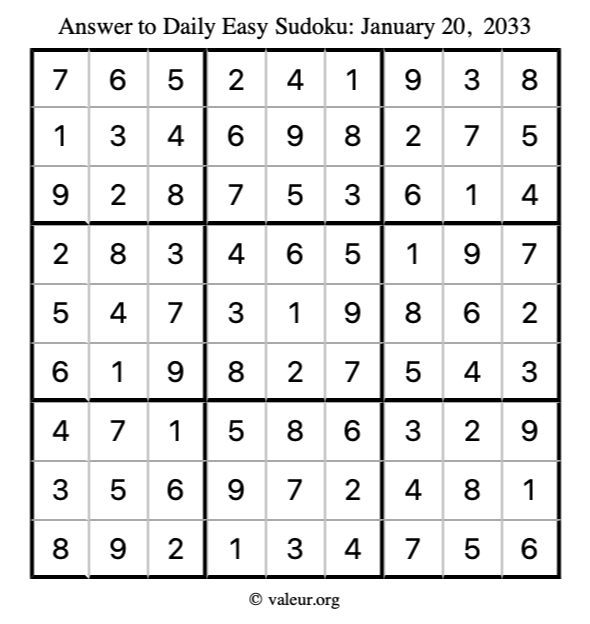 Answer to easy sudoku January 20, 2033