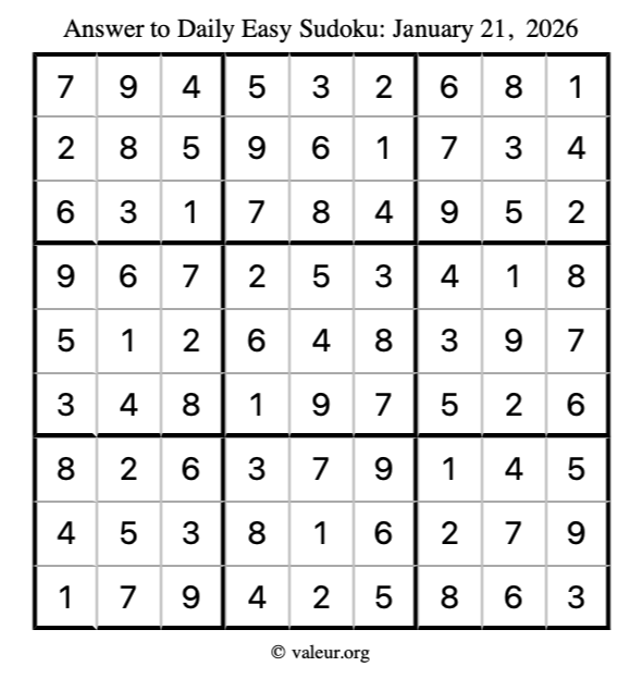 Answer to easy sudoku January 21, 2026