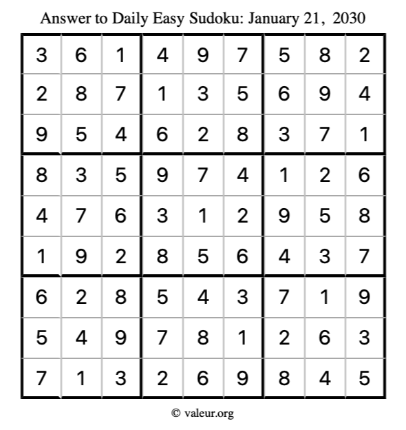 Answer to easy sudoku January 21, 2030