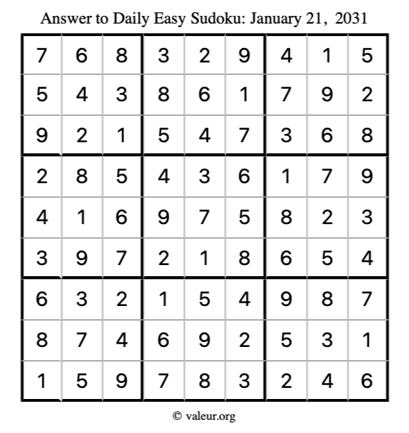 Answer to easy sudoku January 21, 2031