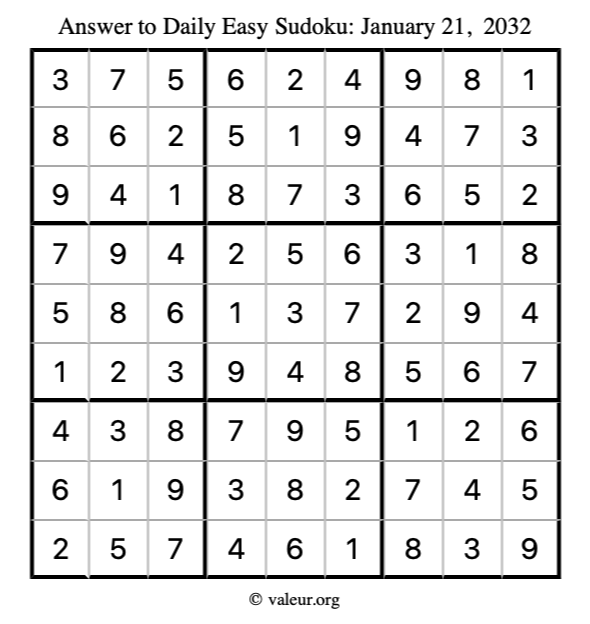 Answer to easy sudoku January 21, 2032