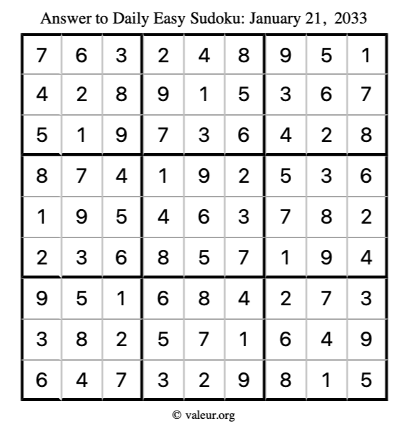 Answer to easy sudoku January 21, 2033