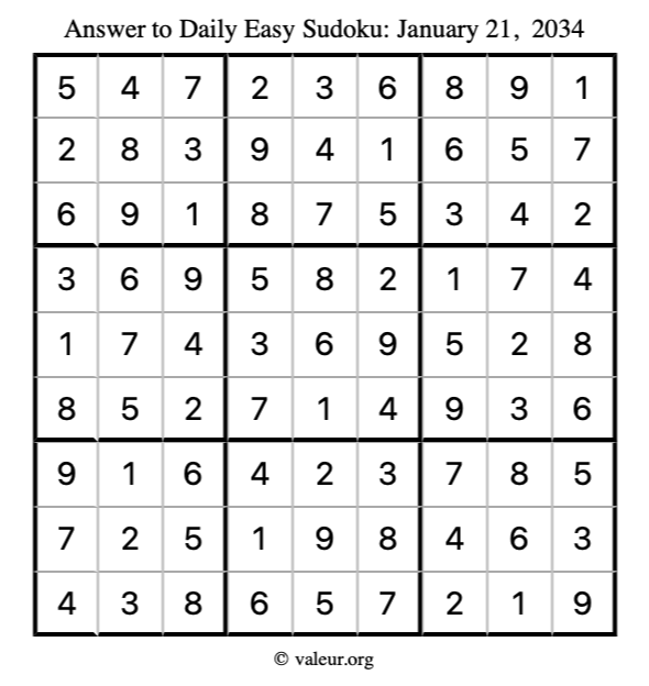 Answer to easy sudoku January 21, 2034