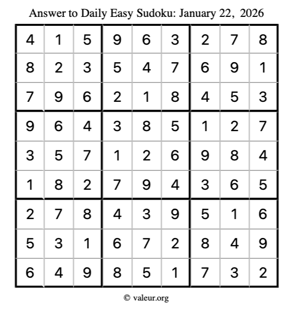 Answer to easy sudoku January 22, 2026