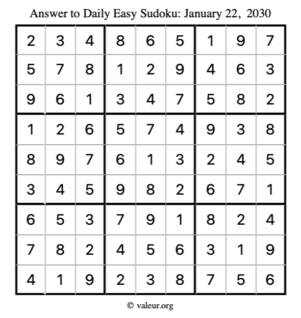 Answer to easy sudoku January 22, 2030