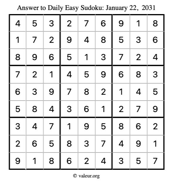 Answer to easy sudoku January 22, 2031
