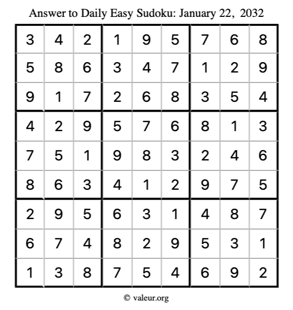 Answer to easy sudoku January 22, 2032