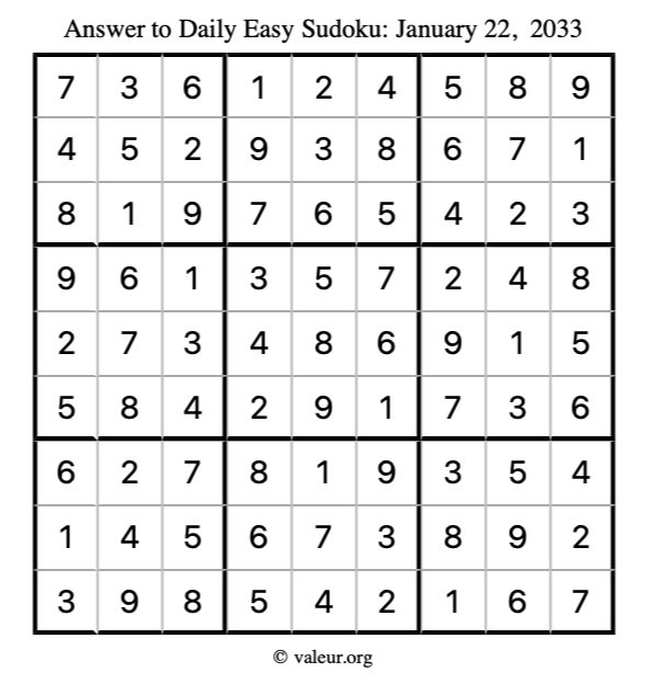Answer to easy sudoku January 22, 2033