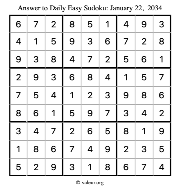 Answer to easy sudoku January 22, 2034