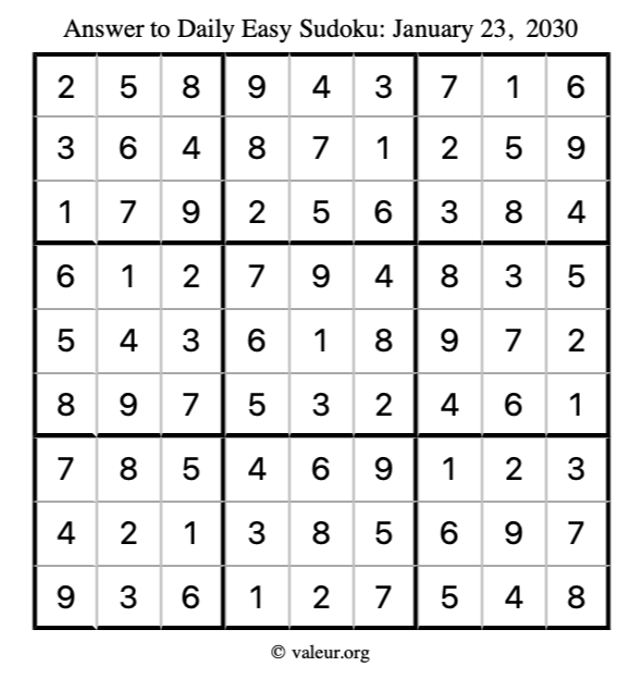 Answer to easy sudoku January 23, 2030