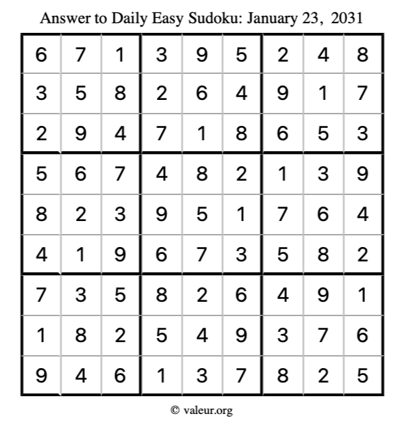 Answer to easy sudoku January 23, 2031