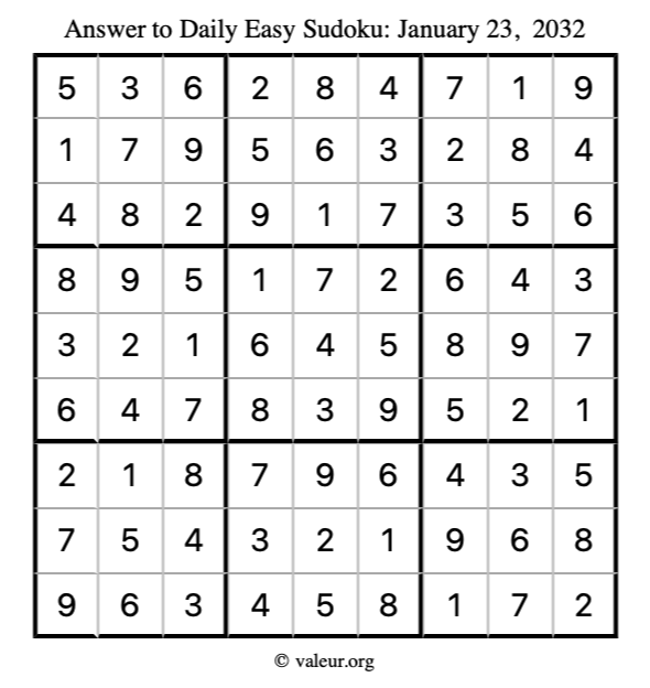 Answer to easy sudoku January 23, 2032