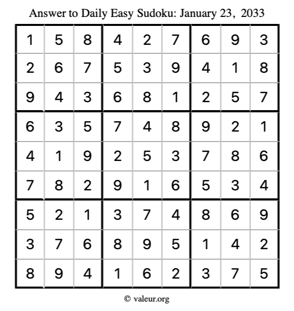 Answer to easy sudoku January 23, 2033
