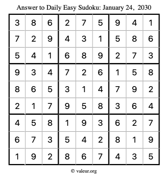 Answer to easy sudoku January 24, 2030