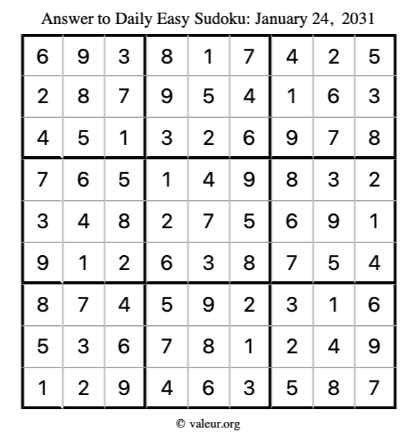 Answer to easy sudoku January 24, 2031