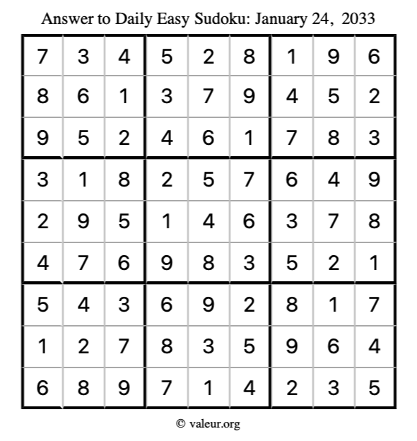 Answer to easy sudoku January 24, 2033