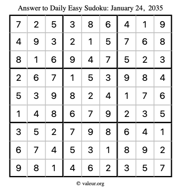 Answer to easy sudoku January 24, 2035