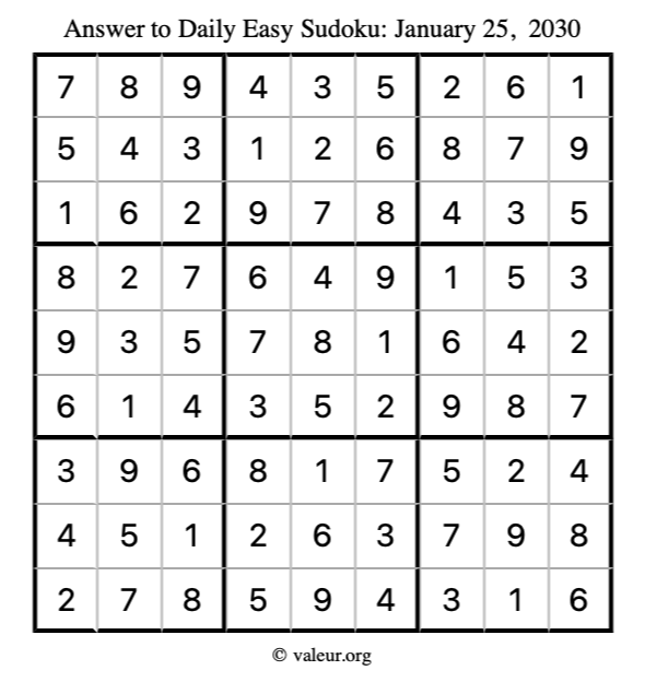 Answer to easy sudoku January 25, 2030
