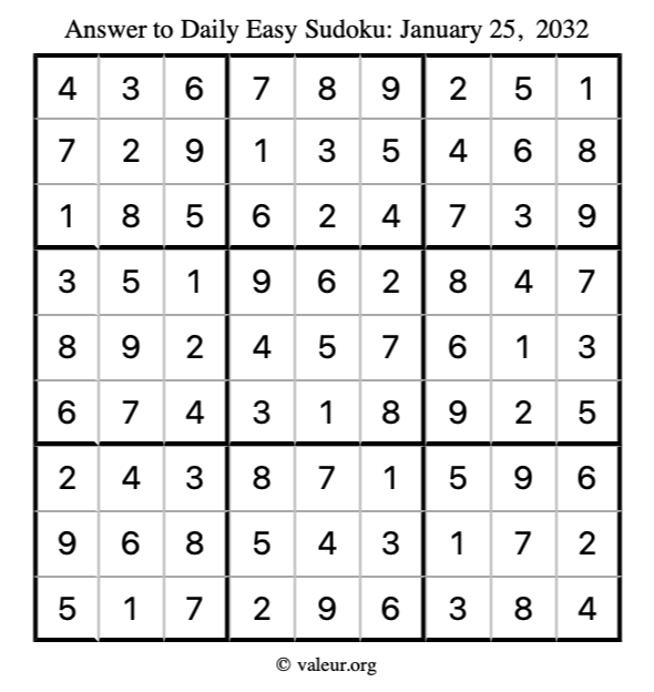 Answer to easy sudoku January 25, 2032