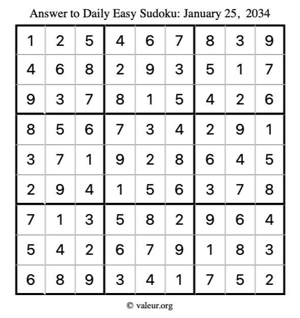 Answer to easy sudoku January 25, 2034