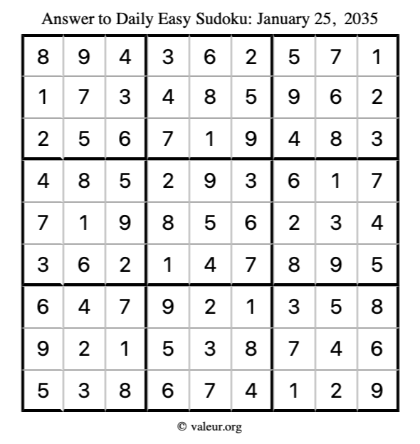 Answer to easy sudoku January 25, 2035