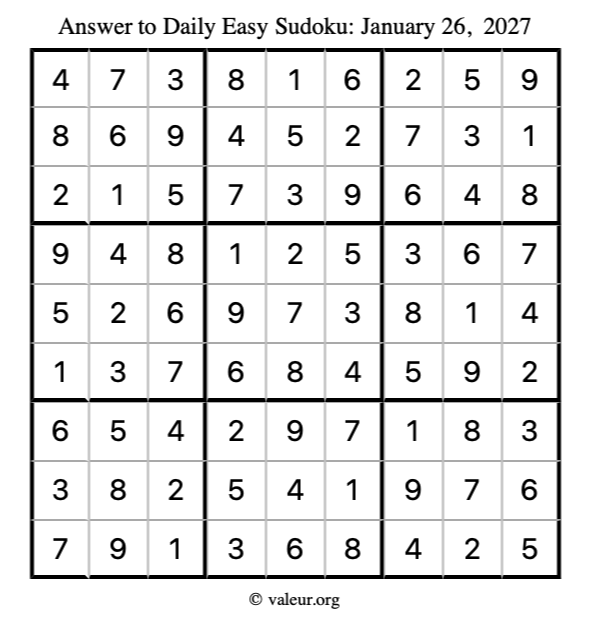 Answer to easy sudoku January 26, 2027