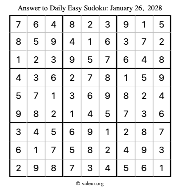 Answer to easy sudoku January 26, 2028