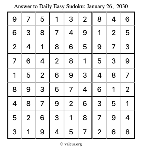 Answer to easy sudoku January 26, 2030
