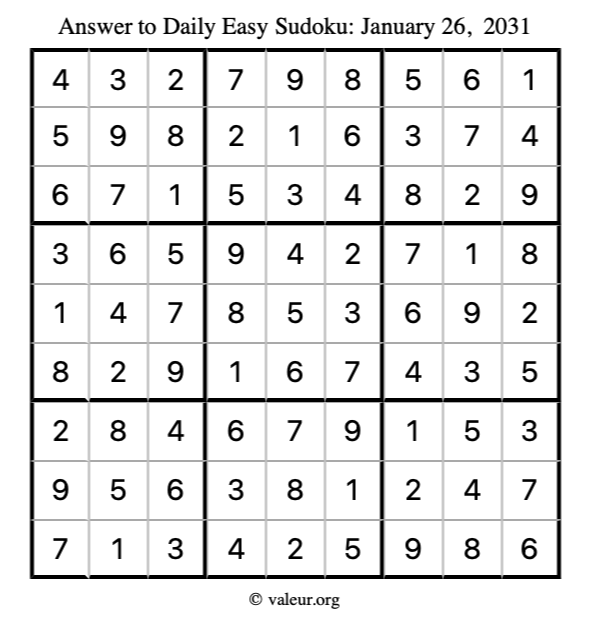 Answer to easy sudoku January 26, 2031