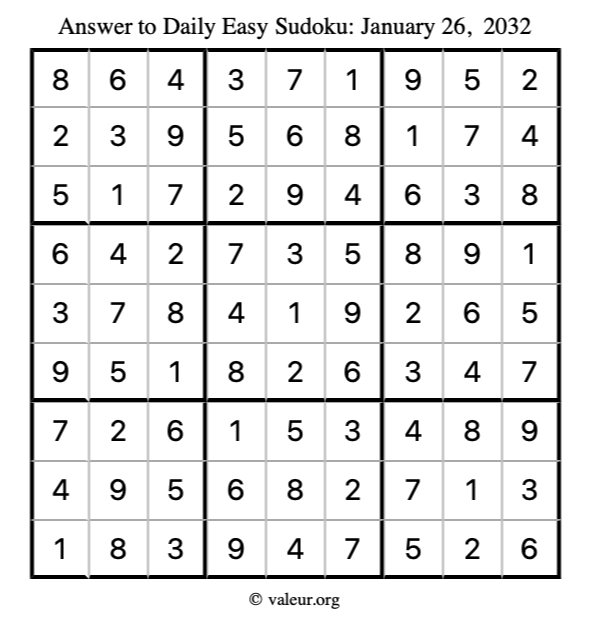 Answer to easy sudoku January 26, 2032