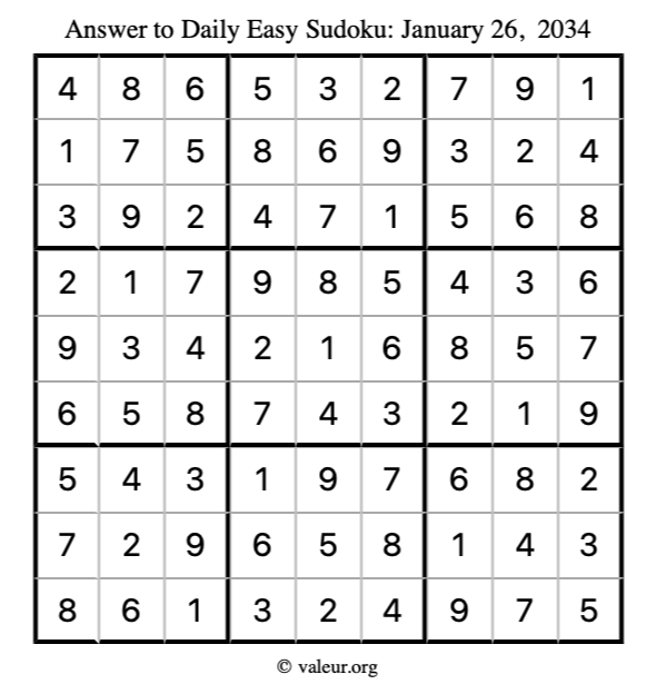Answer to easy sudoku January 26, 2034