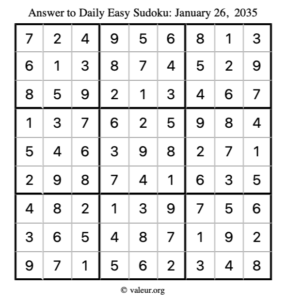 Answer to easy sudoku January 26, 2035