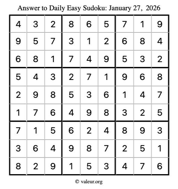 Answer to easy sudoku January 27, 2026