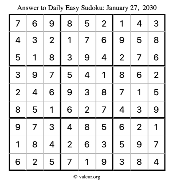 Answer to easy sudoku January 27, 2030