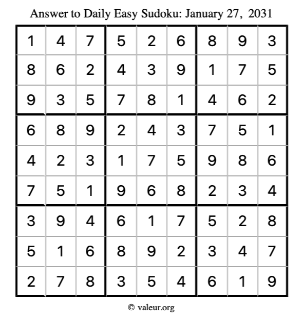 Answer to easy sudoku January 27, 2031