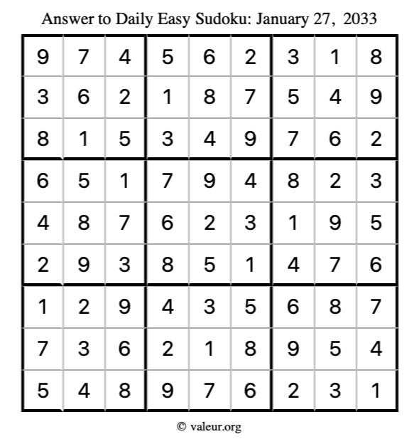 Answer to easy sudoku January 27, 2033