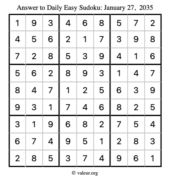 Answer to easy sudoku January 27, 2035