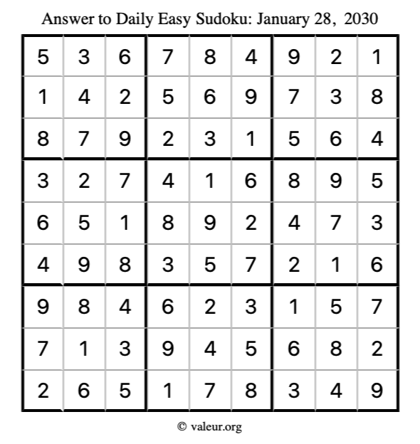Answer to easy sudoku January 28, 2030