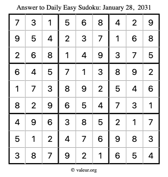 Answer to easy sudoku January 28, 2031